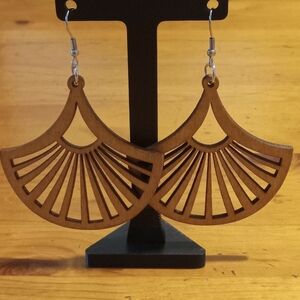 Elegant Brown Wooden Fan Earrings